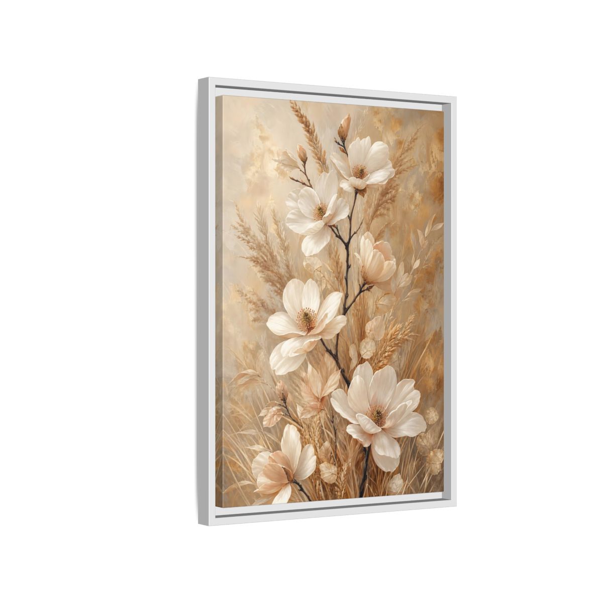 Side Mockup 1. Cream Magnolia Bouquet shown as framed canvas print