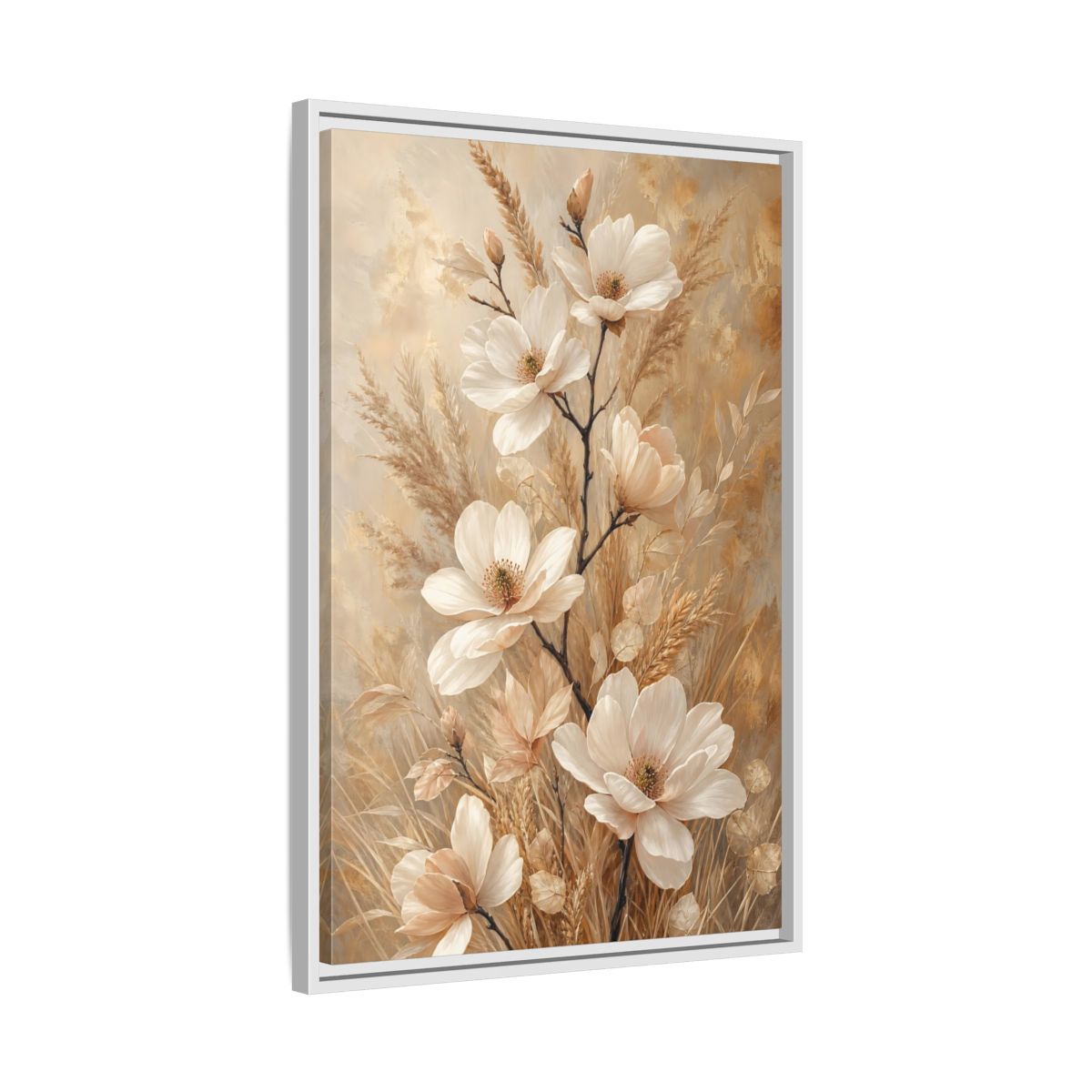 Side Mockup 10. Cream Magnolia Bouquet shown as framed canvas print