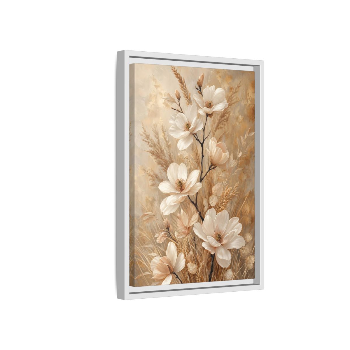 Side Mockup 4. Cream Magnolia Bouquet shown as framed canvas print
