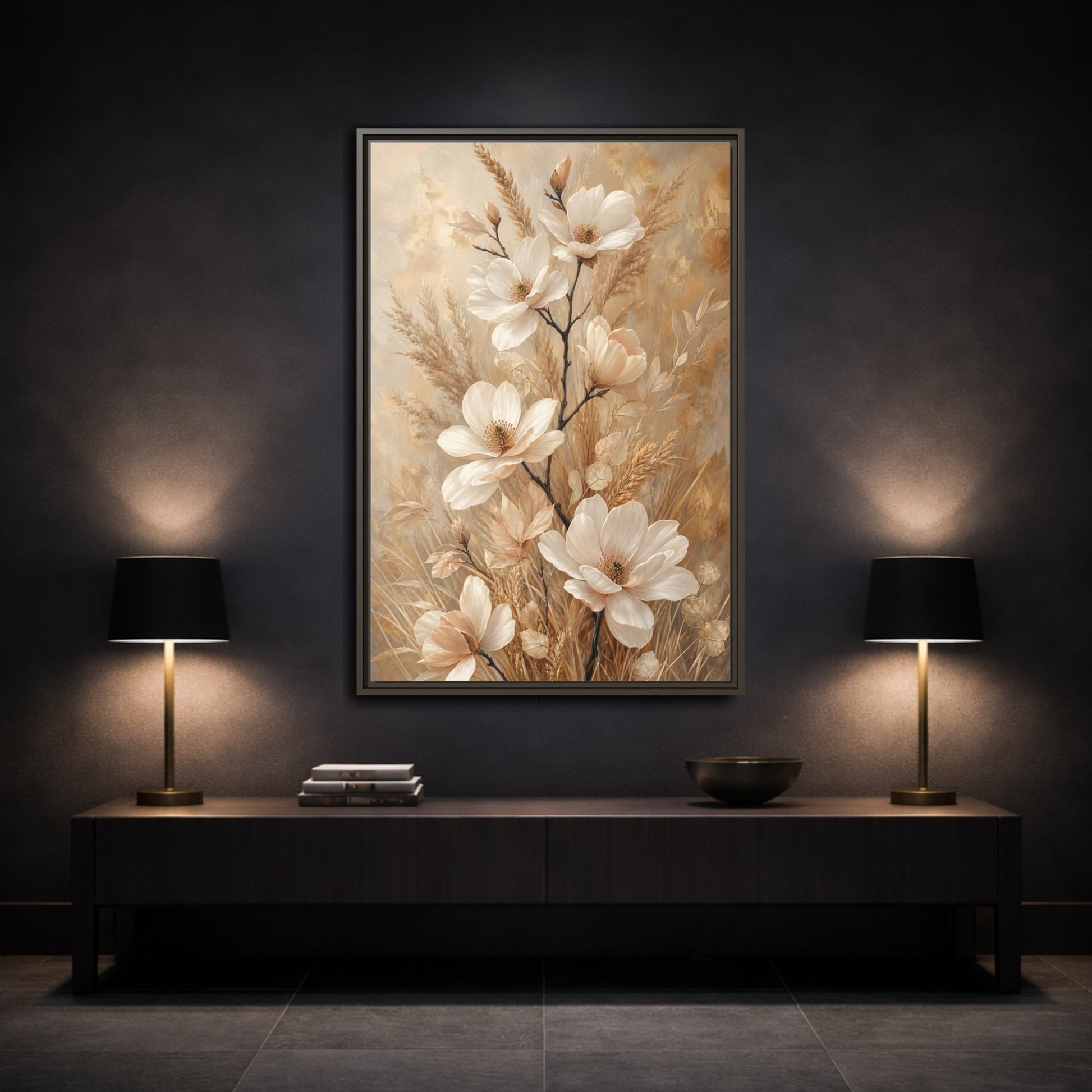 Mockup 3. Cream Magnolia Bouquet shown as framed canvas print