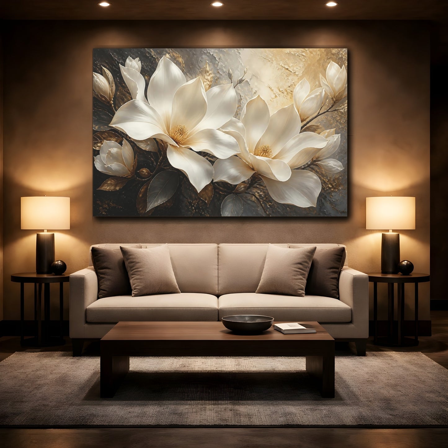 Mockup 2. Cream Magnolia Flower Elegance shown as canvas print