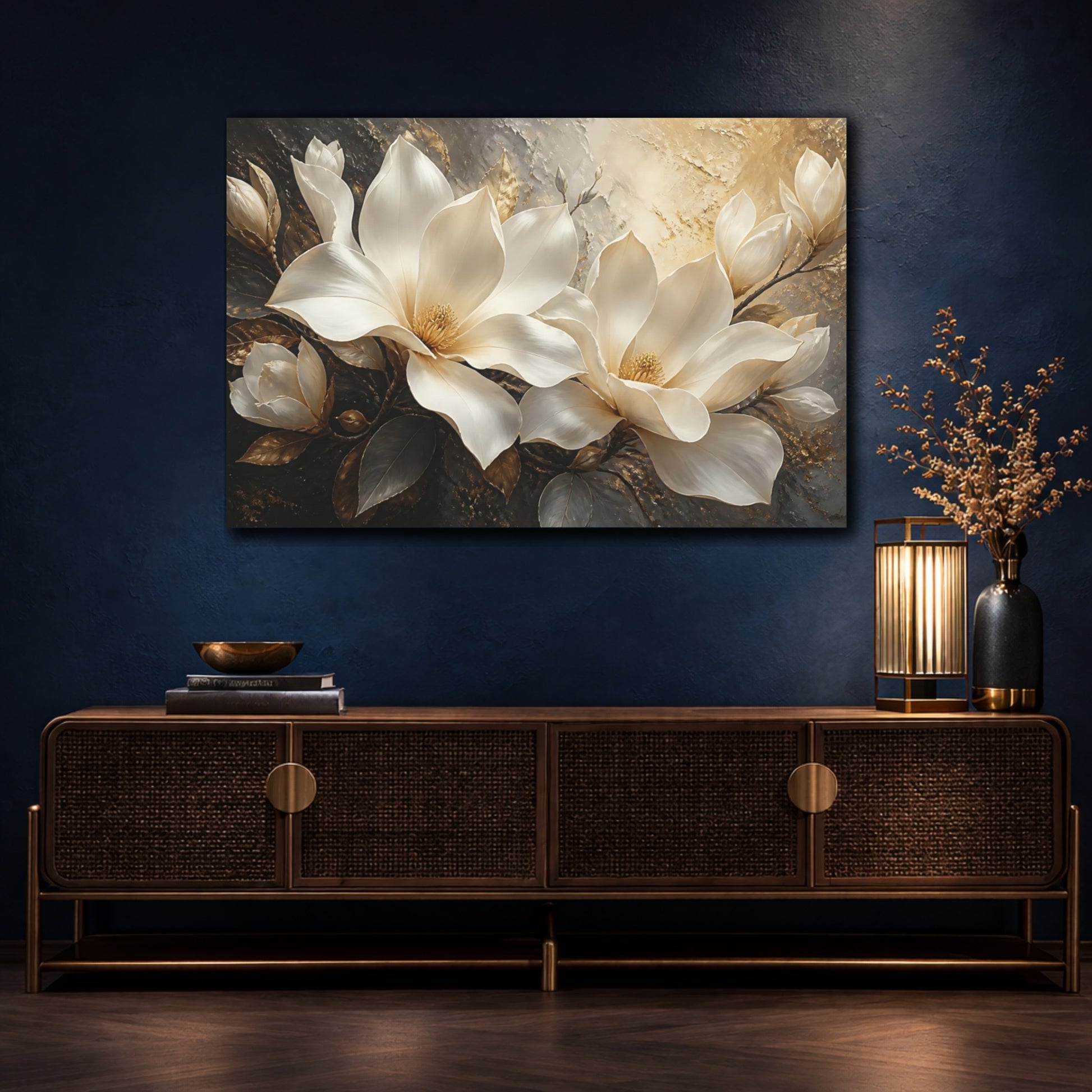 Mockup 4. Cream Magnolia Flower Elegance shown as canvas print