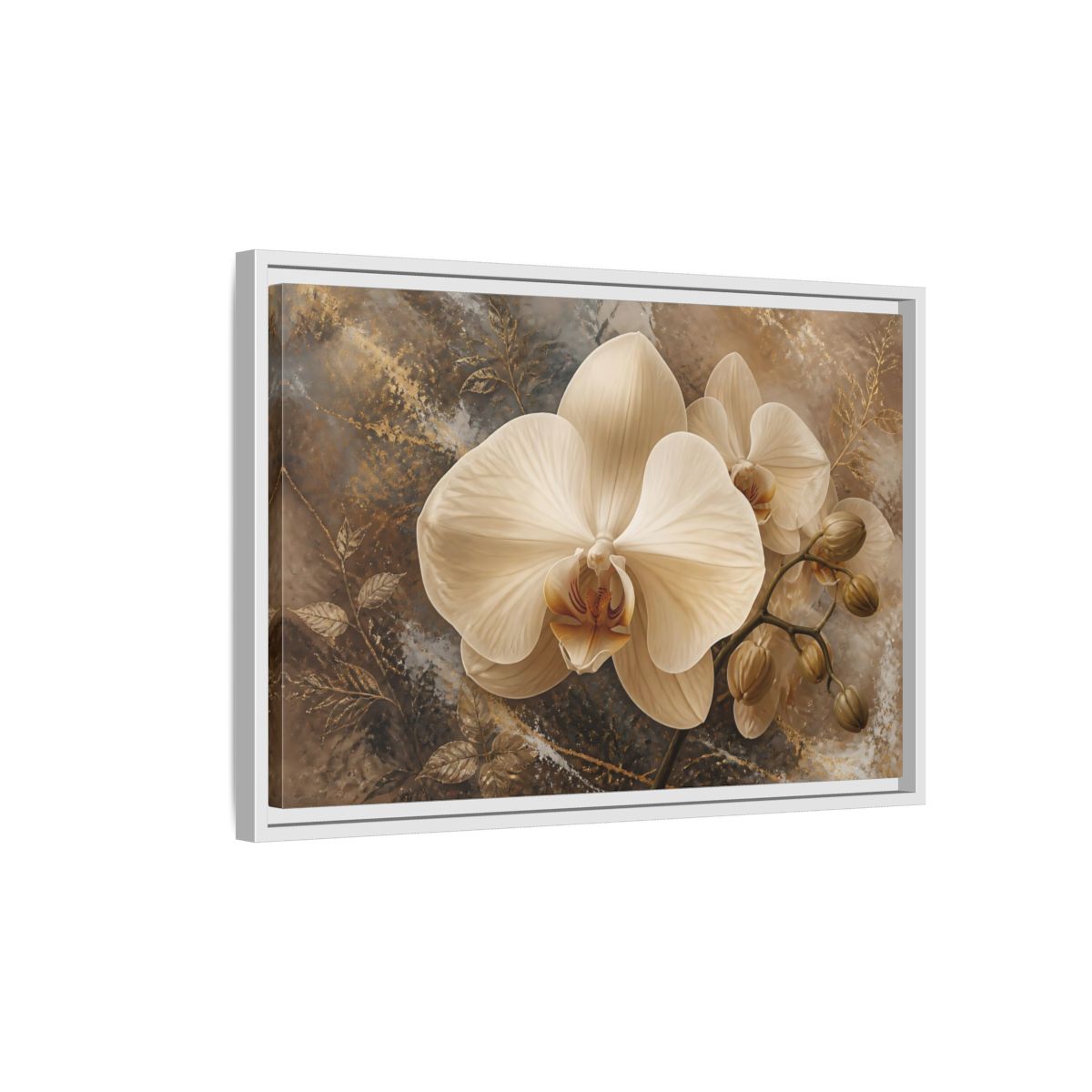 Side Mockup 1. Cream Orchid Elegance shown as framed canvas print