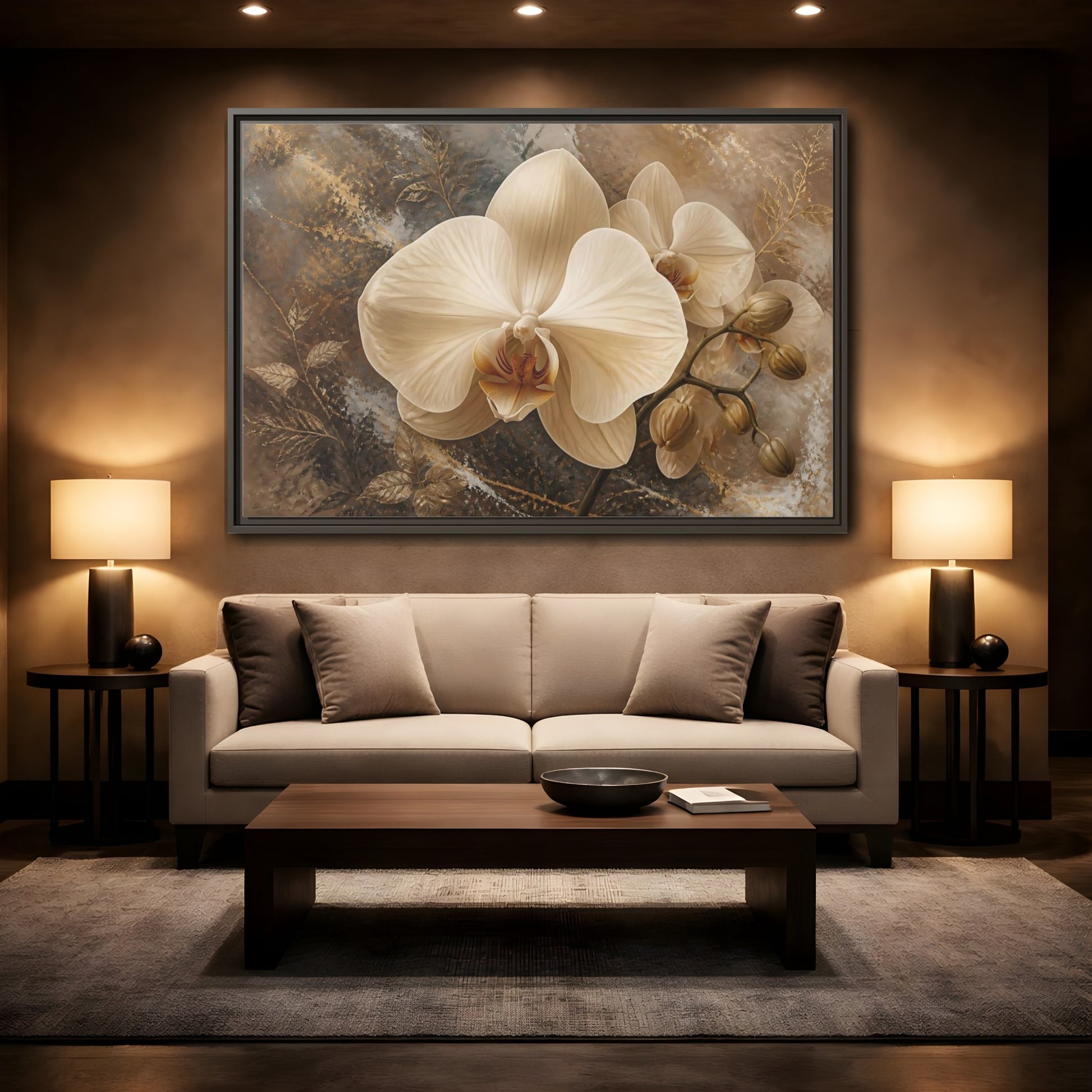 Mockup 2. Cream Orchid Elegance shown as framed canvas print