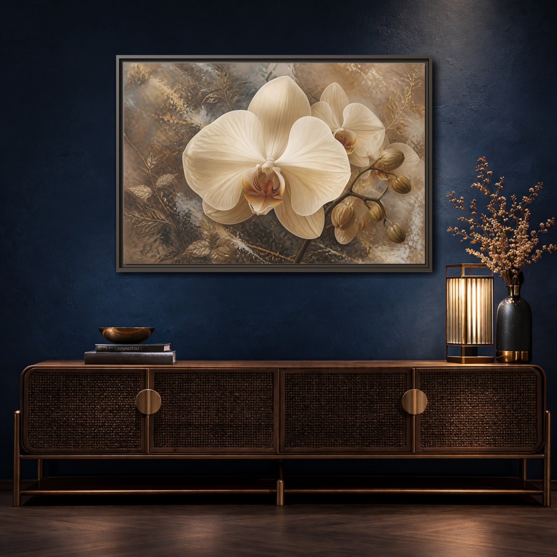 Mockup 4. Cream Orchid Elegance shown as framed canvas print