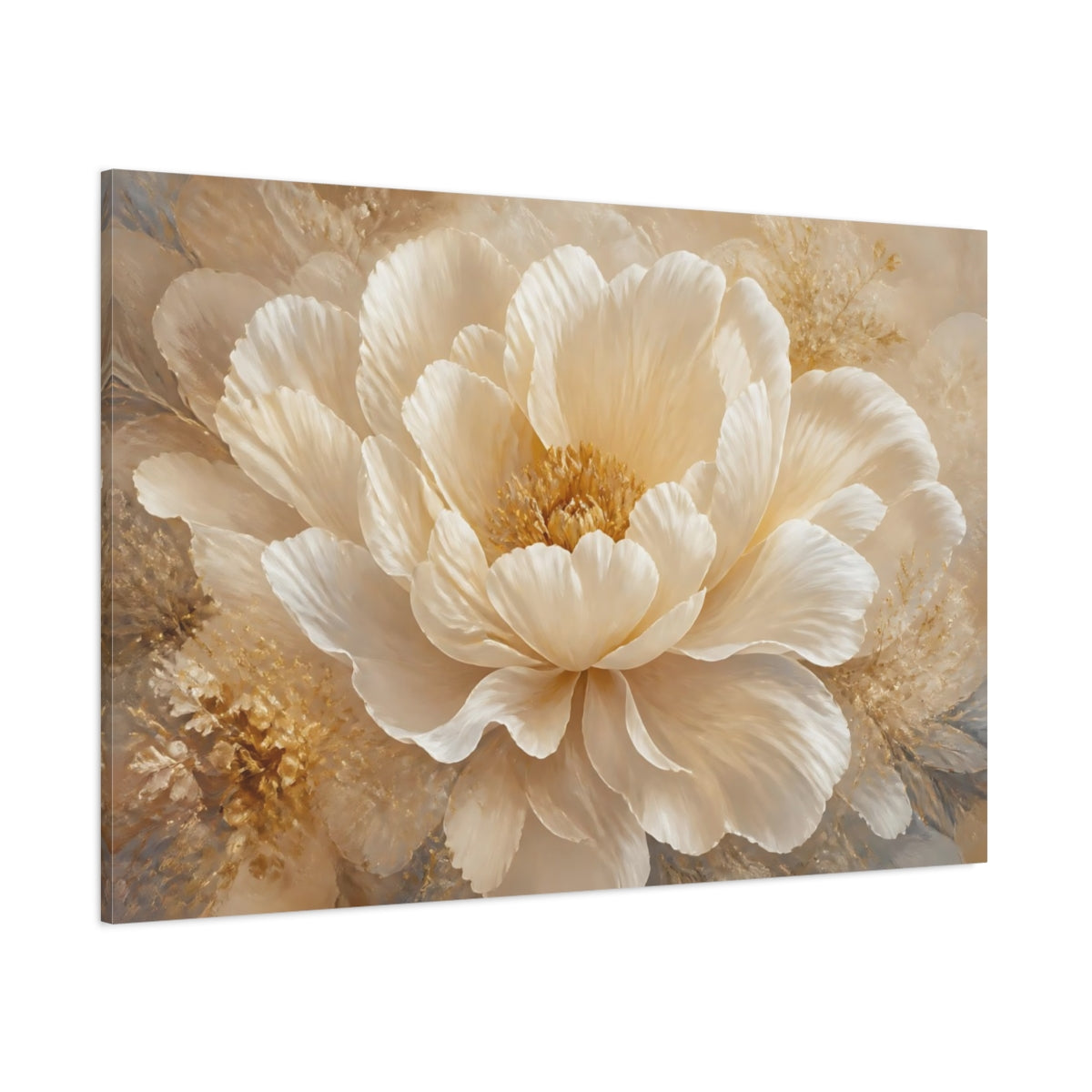 Side Mockup 1. Cream Peony Blossom shown as canvas print