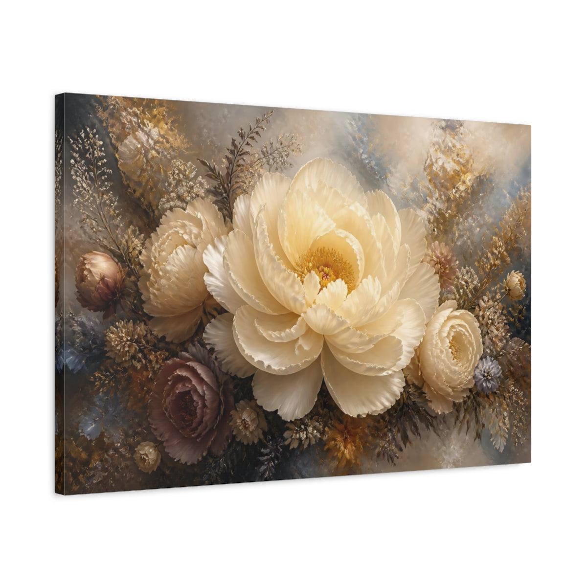 Side Mockup 2. Cream Peony Floral Elegance shown as canvas print