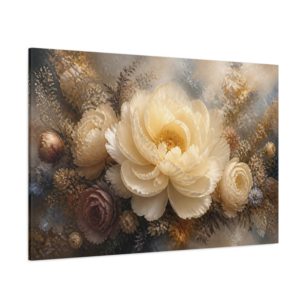 Side Mockup 1. Cream Peony Floral Elegance shown as canvas print