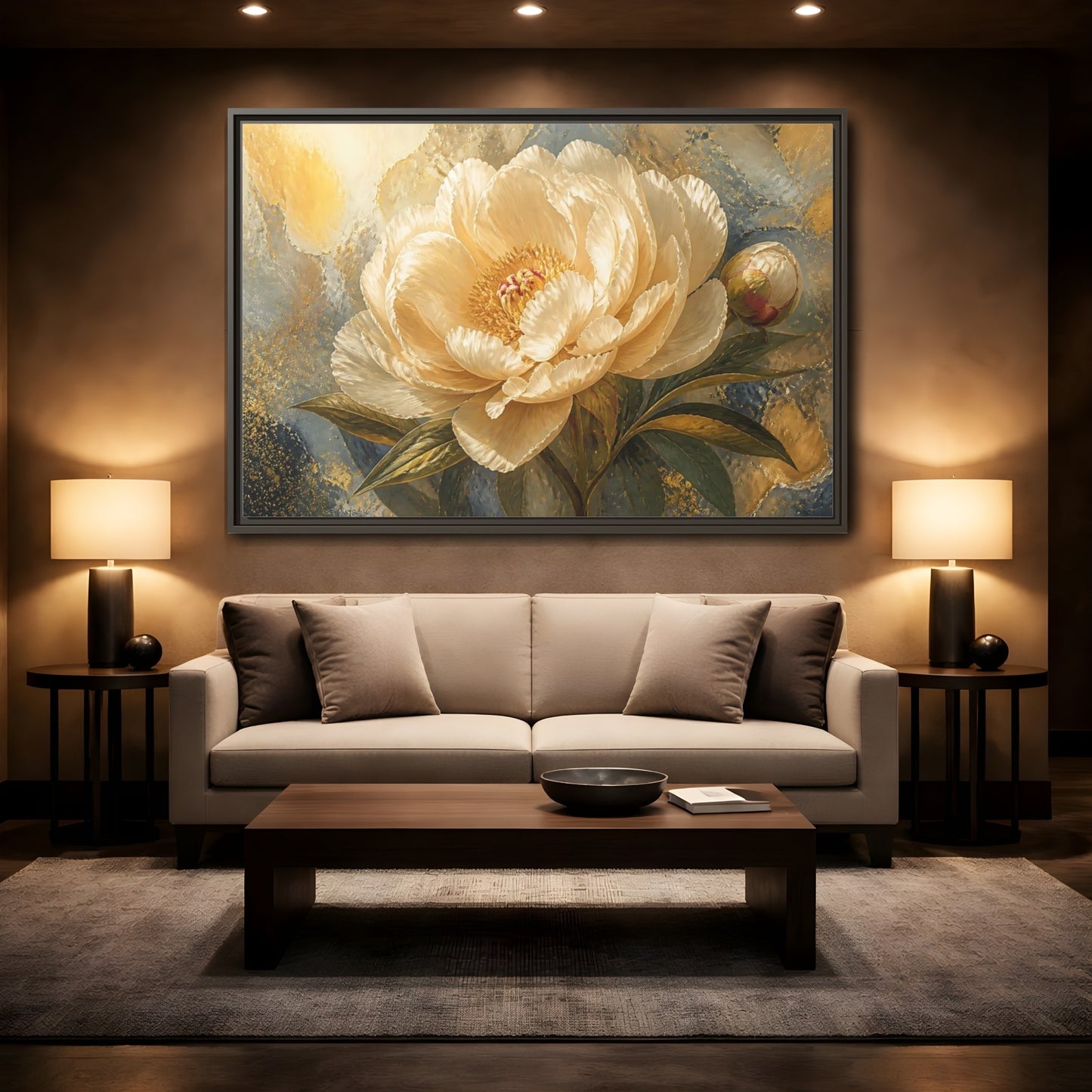 Mockup 2. Cream Peony Floral Elegance shown as framed canvas print