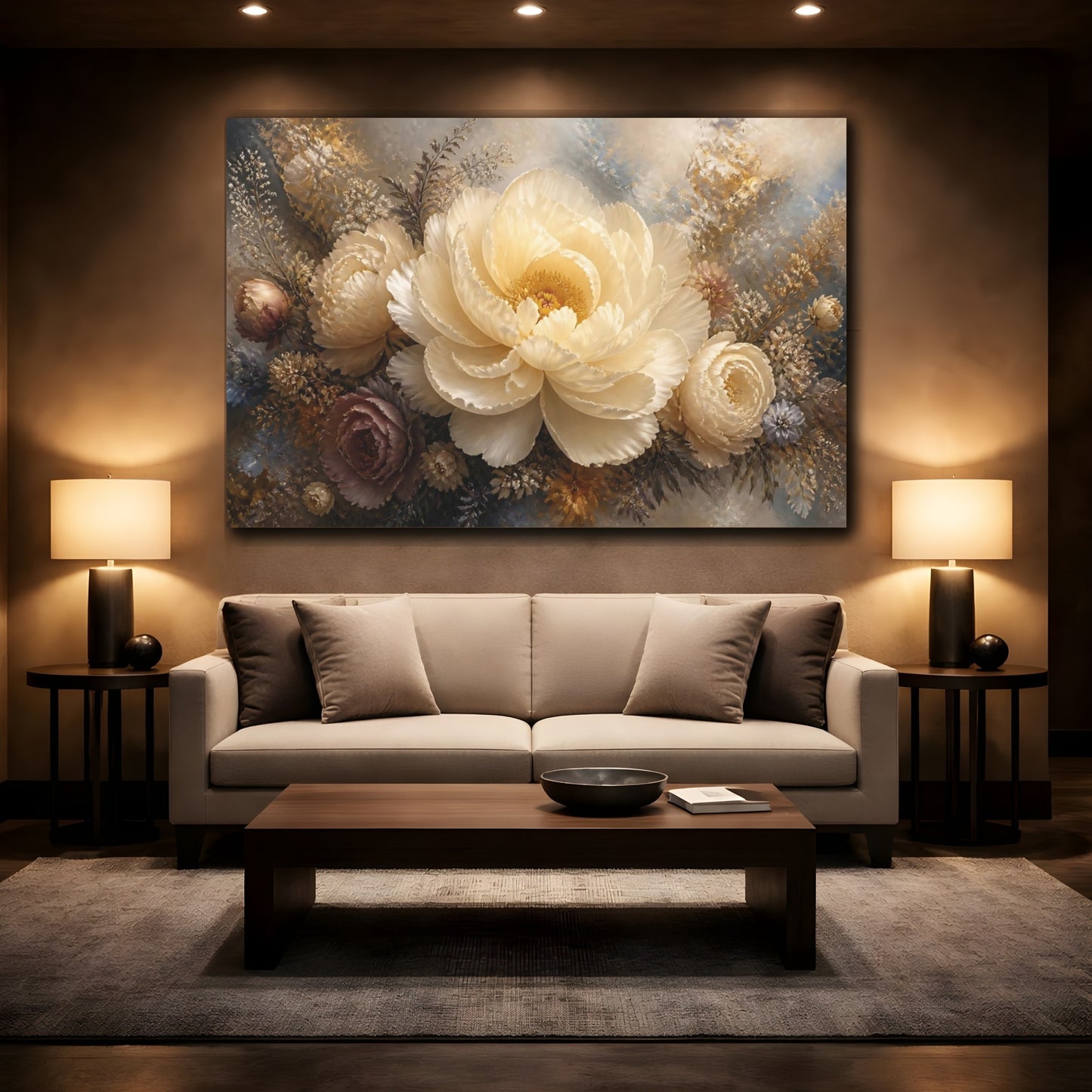 Mockup 2. Cream Peony Floral Elegance shown as canvas print