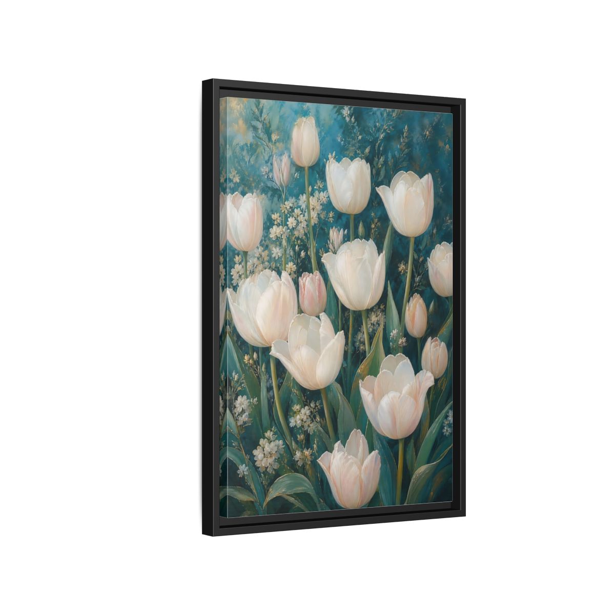 Side Mockup 3. Cream Tulip Garden shown as framed canvas print