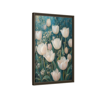 Side Mockup 2. Cream Tulip Garden shown as framed canvas print