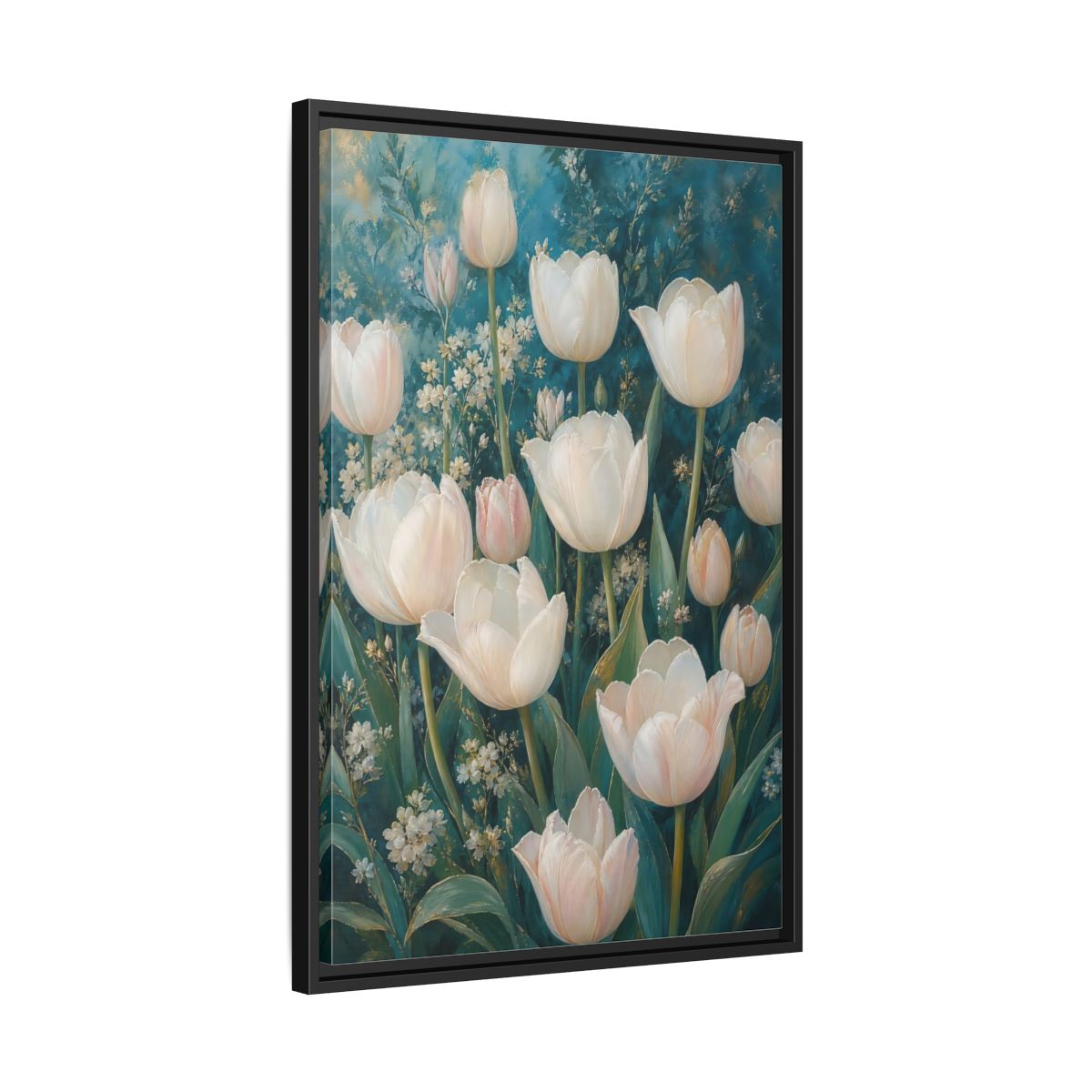 Side Mockup 14. Cream Tulip Garden shown as framed canvas print