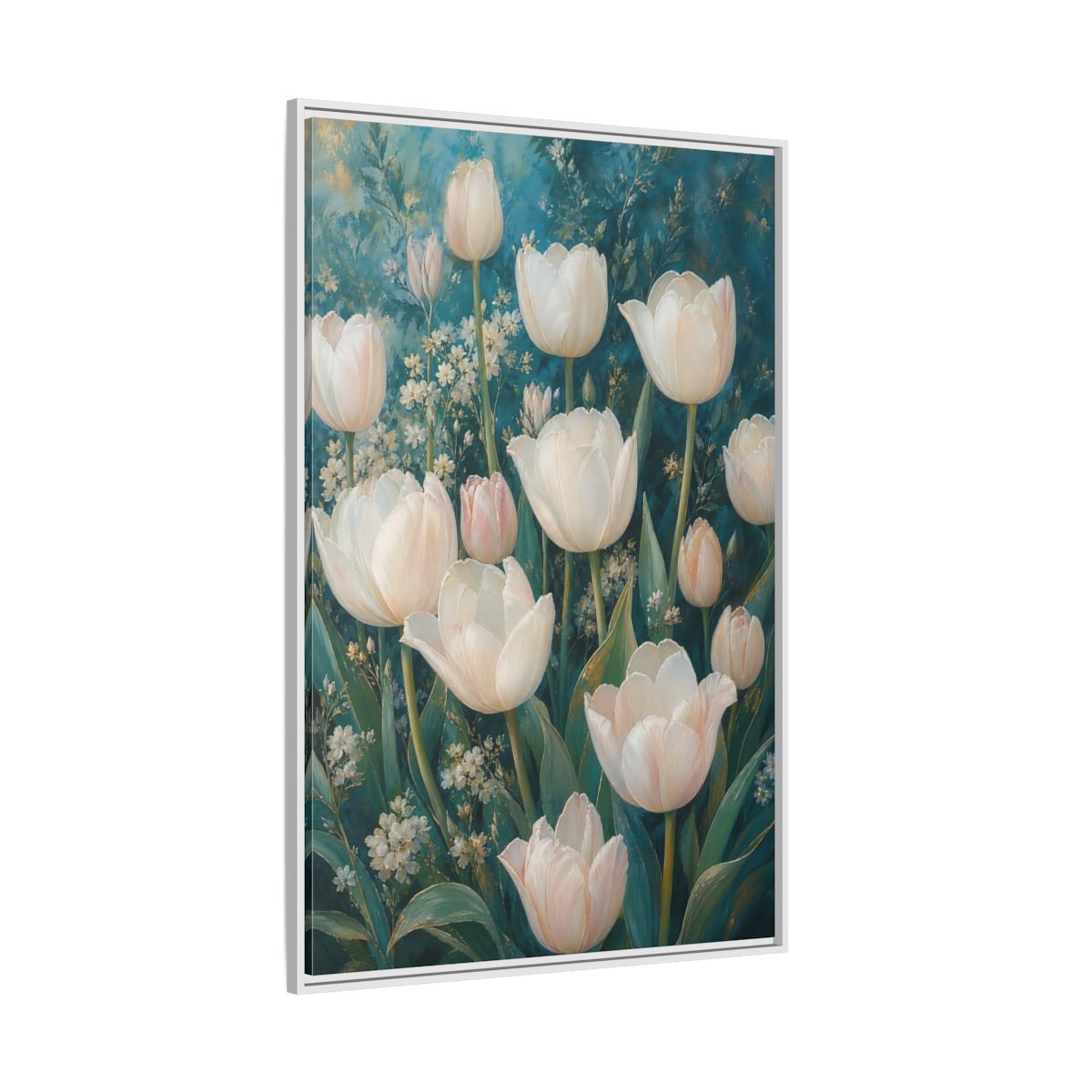 Side Mockup 7. Cream Tulip Garden shown as framed canvas print