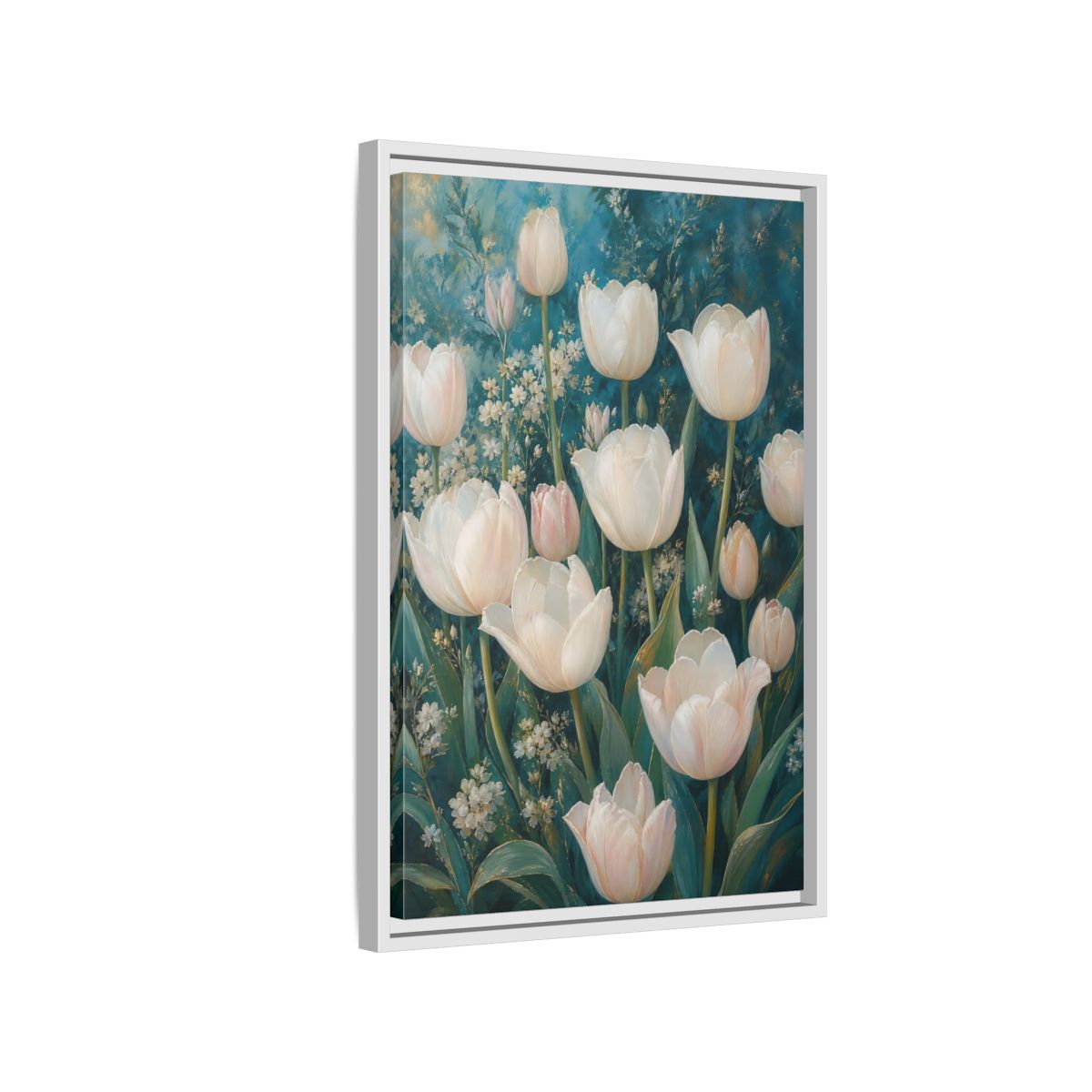 Side Mockup 1. Cream Tulip Garden shown as framed canvas print