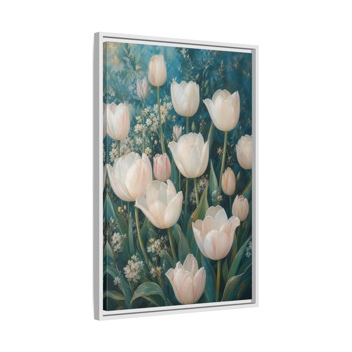 Side Mockup 10. Cream Tulip Garden shown as framed canvas print