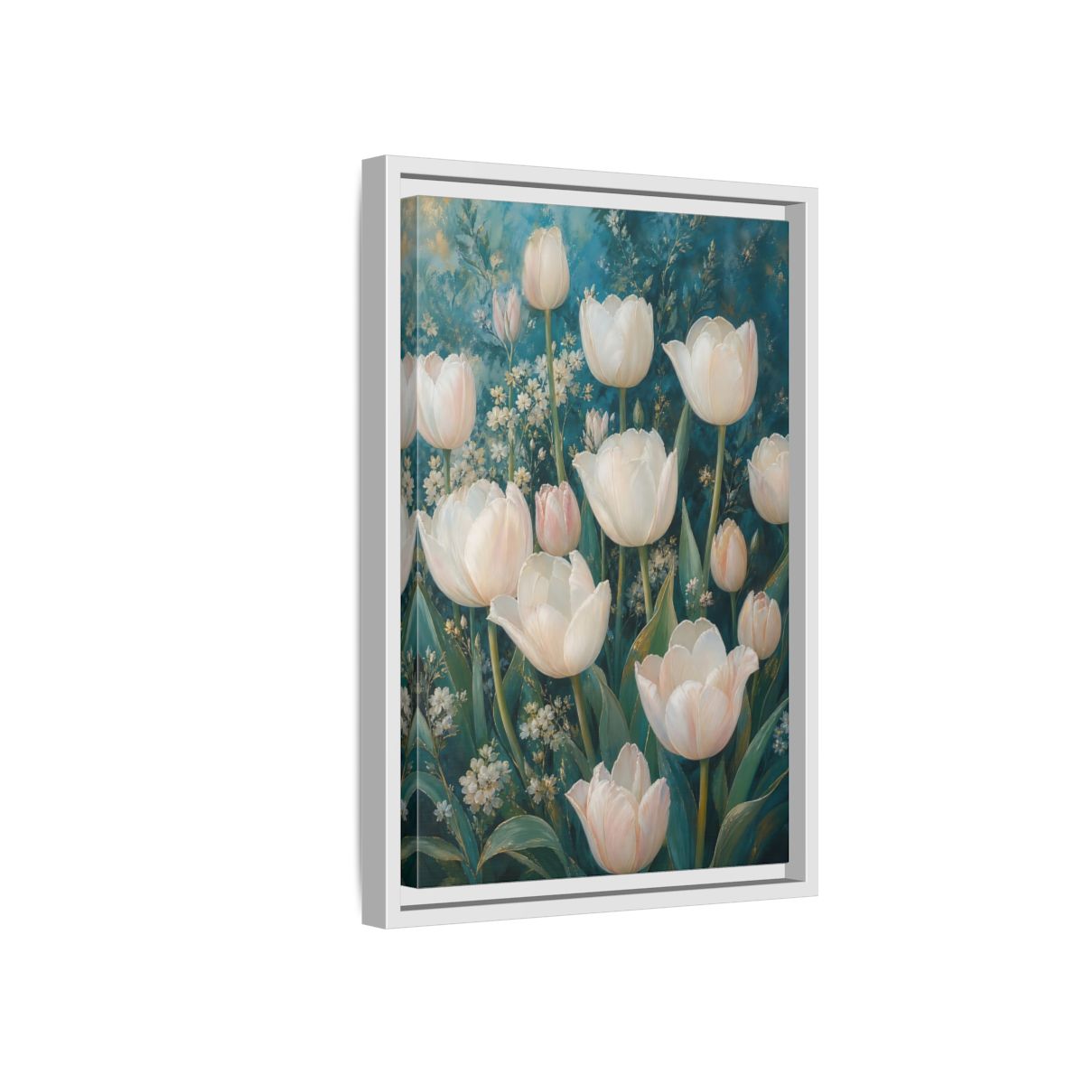 Side Mockup 4. Cream Tulip Garden shown as framed canvas print