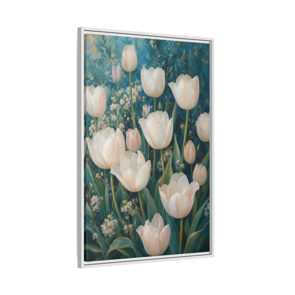 Side Mockup 9. Cream Tulip Garden shown as framed canvas print