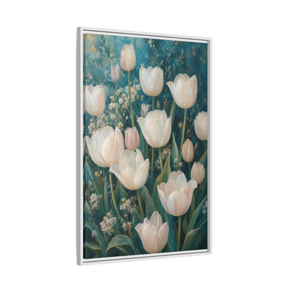 Side Mockup 9. Cream Tulip Garden shown as framed canvas print