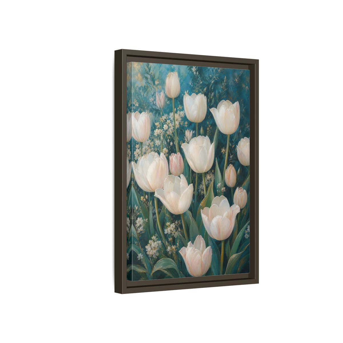 Side Mockup 5. Cream Tulip Garden shown as framed canvas print