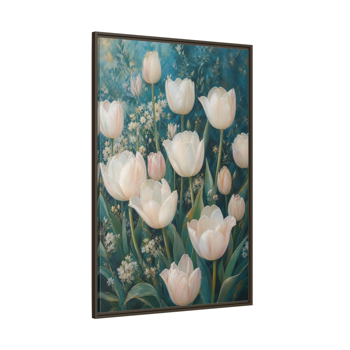 Side Mockup 8. Cream Tulip Garden shown as framed canvas print
