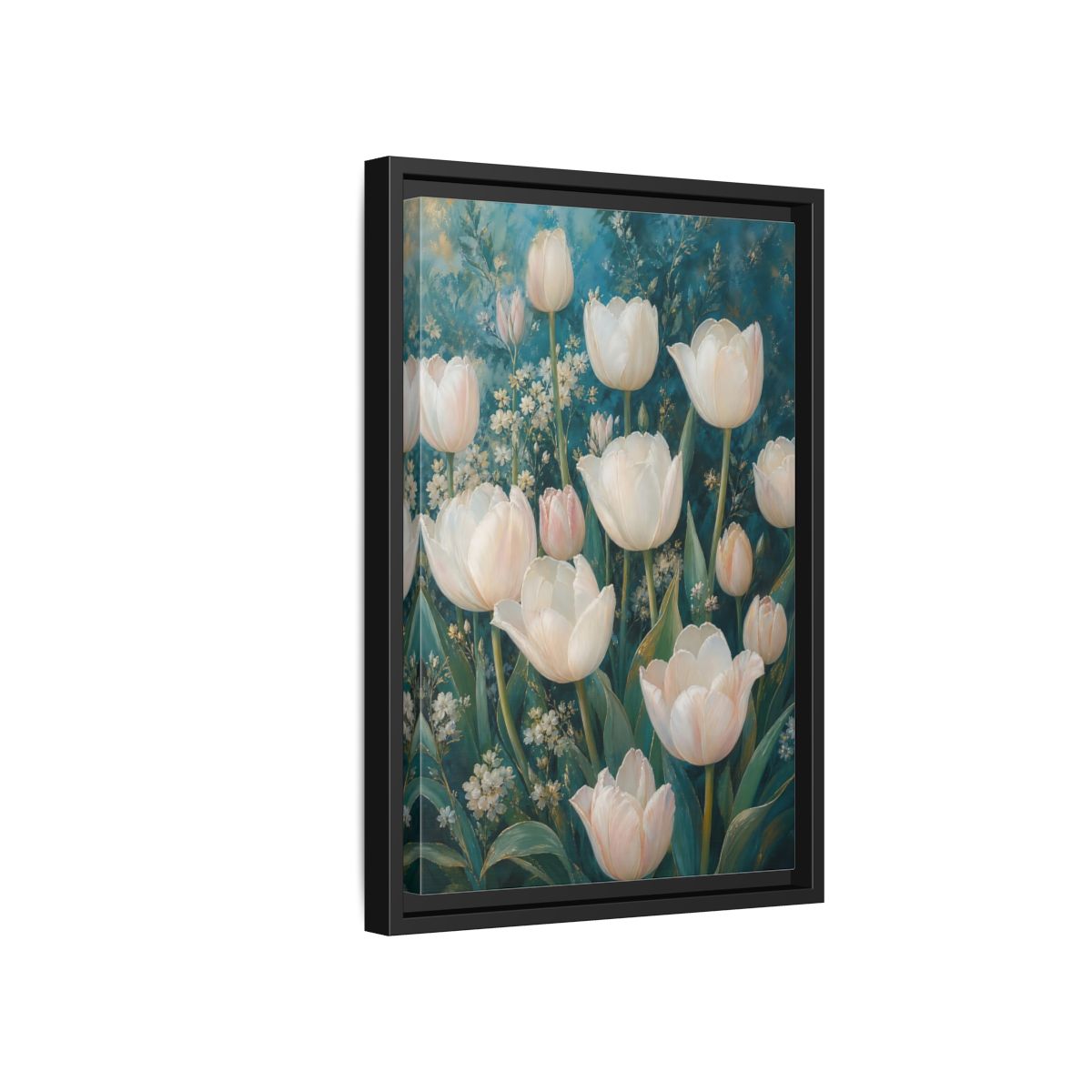 Side Mockup 6. Cream Tulip Garden shown as framed canvas print