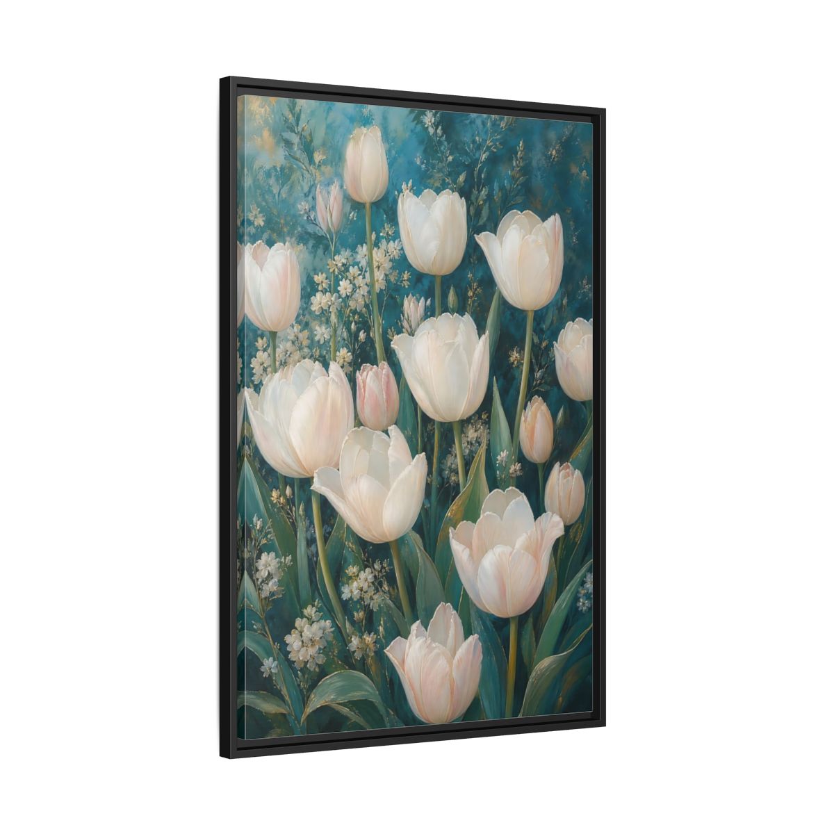 Side Mockup 13. Cream Tulip Garden shown as framed canvas print