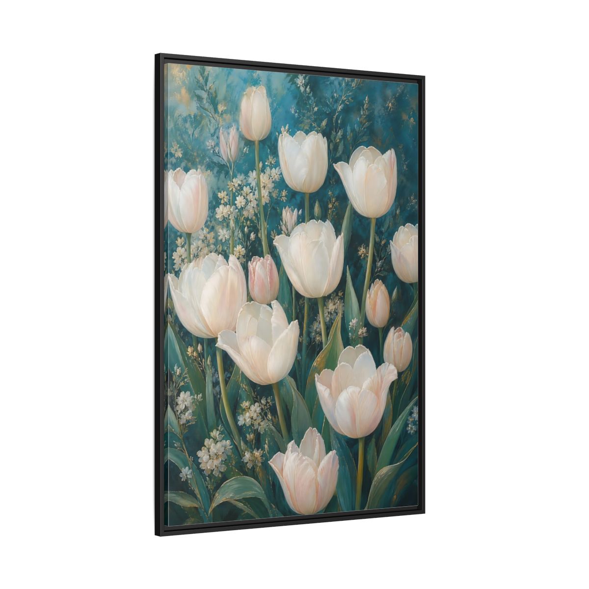 Side Mockup 12. Cream Tulip Garden shown as framed canvas print