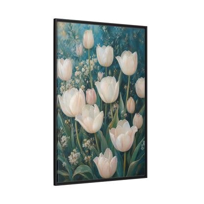 Side Mockup 12. Cream Tulip Garden shown as framed canvas print