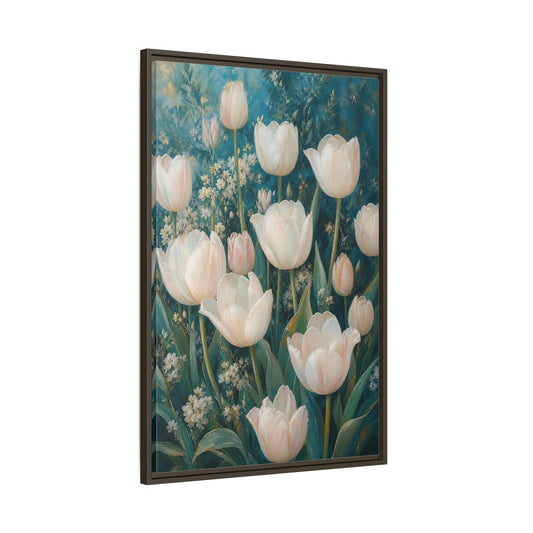 Main Mockup. Cream Tulip Garden shown as framed canvas print