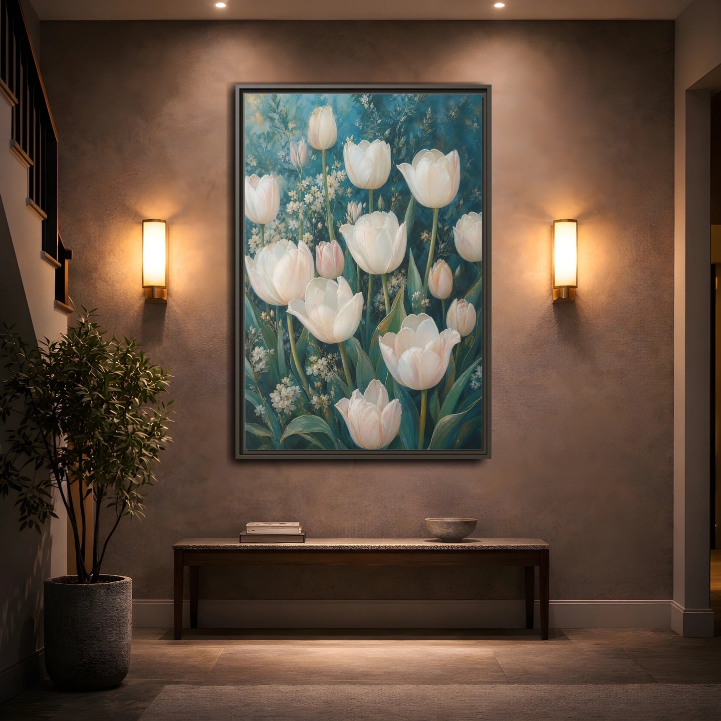 Mockup 2. Cream Tulip Garden shown as framed canvas print