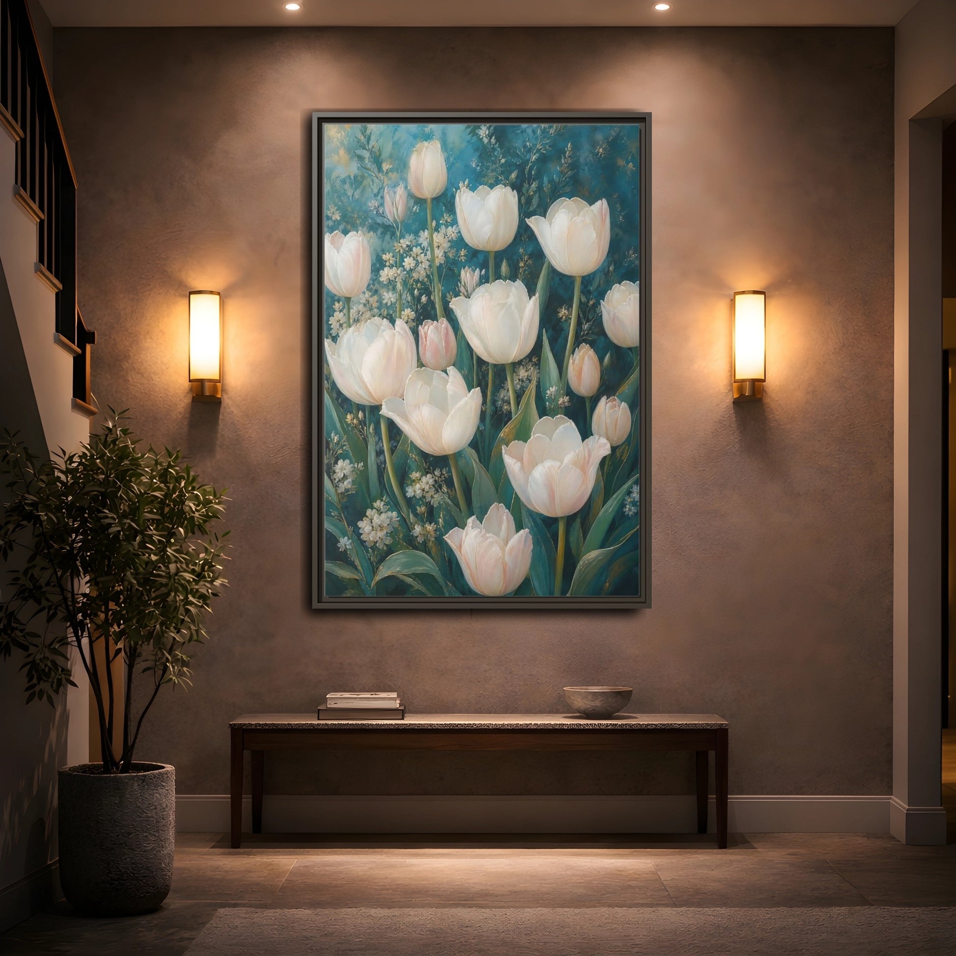 Mockup 2. Cream Tulip Garden shown as framed canvas print