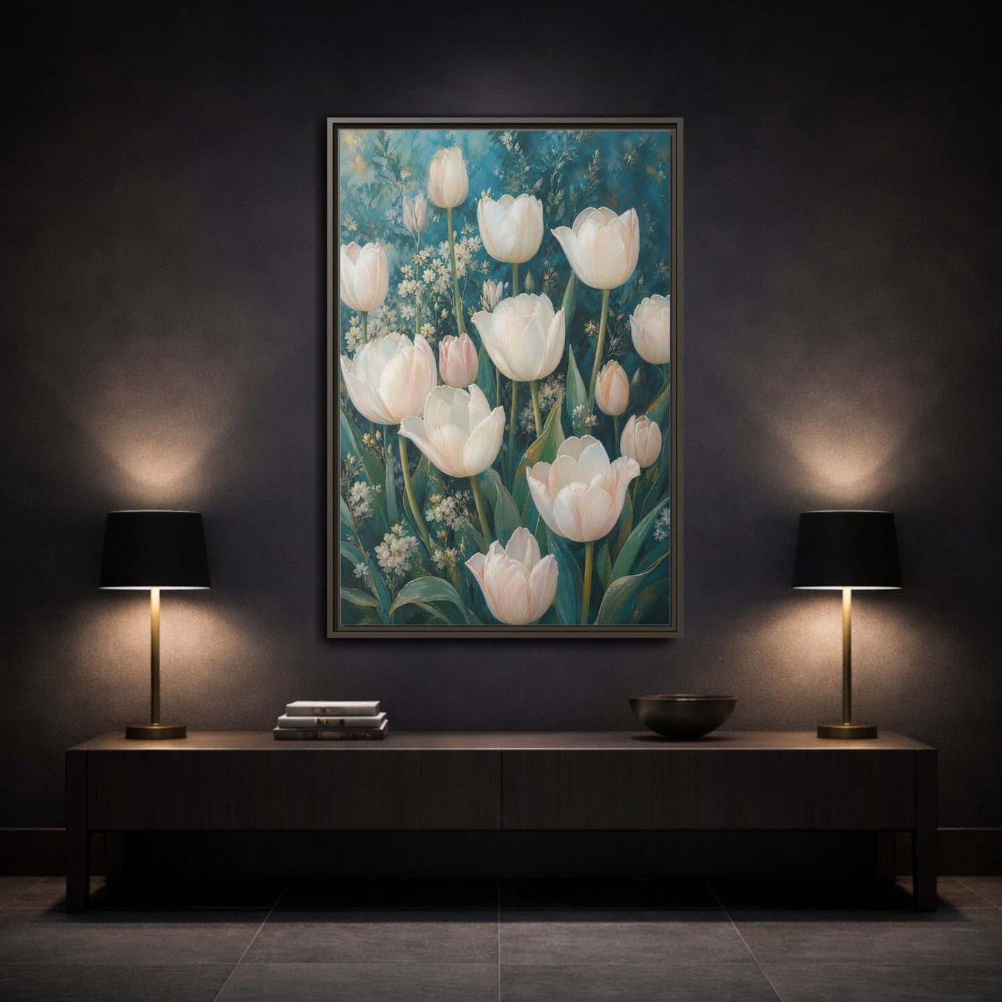 Mockup 3. Cream Tulip Garden shown as framed canvas print