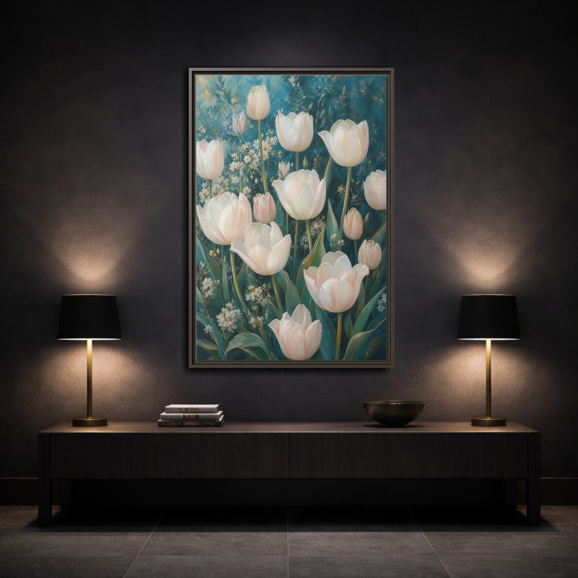Mockup 3. Cream Tulip Garden shown as framed canvas print