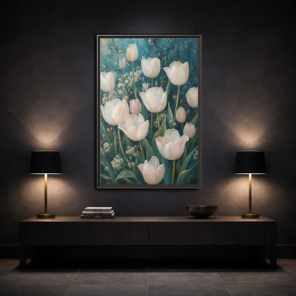 Mockup 3. Cream Tulip Garden shown as framed canvas print