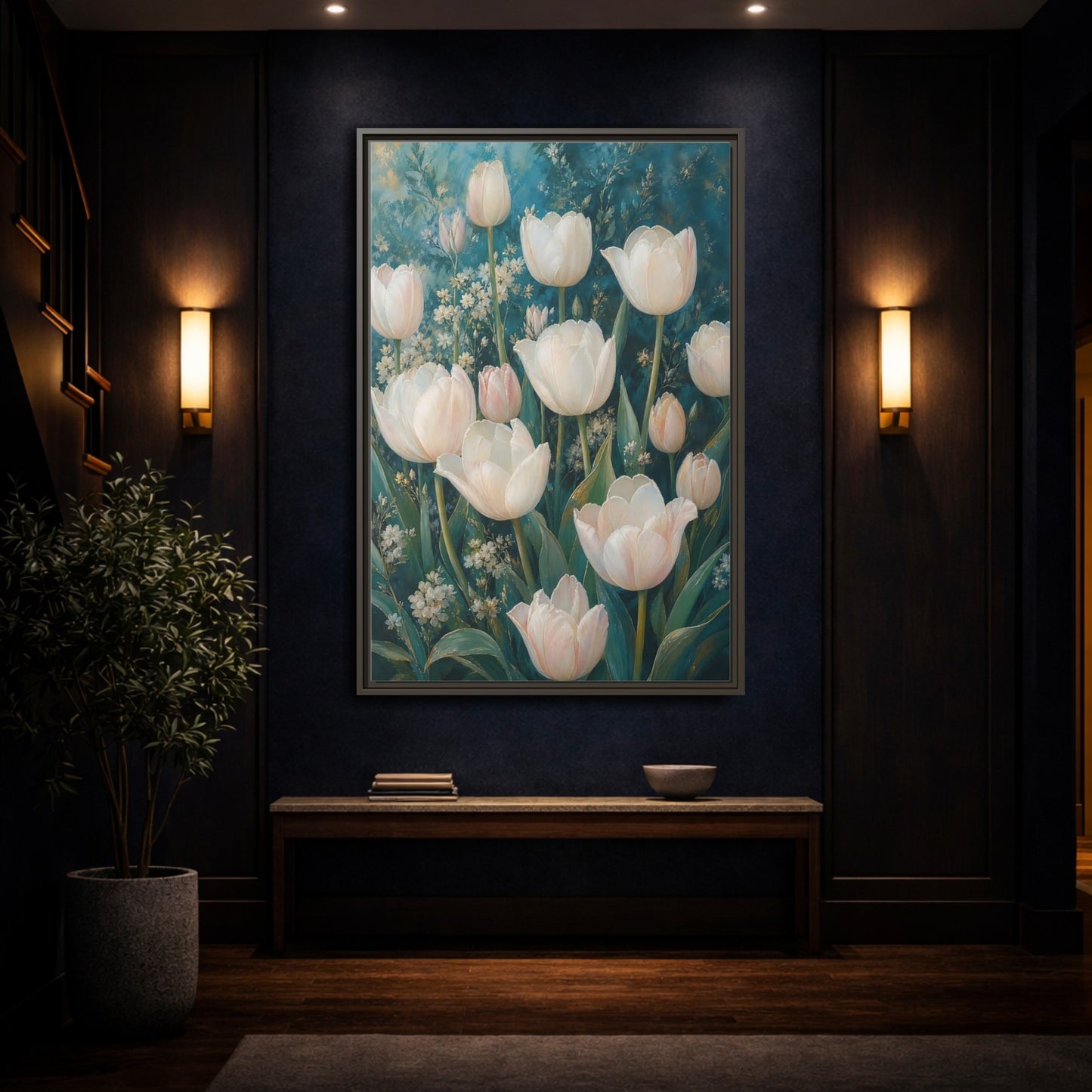 Mockup 4. Cream Tulip Garden shown as framed canvas print
