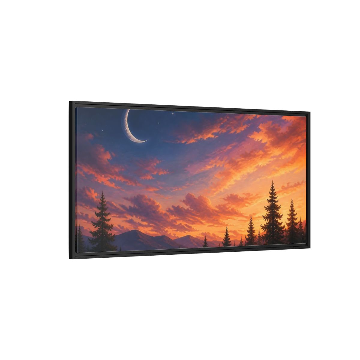 Side Mockup 5. Crescent Moon At Sunset shown as framed canvas print