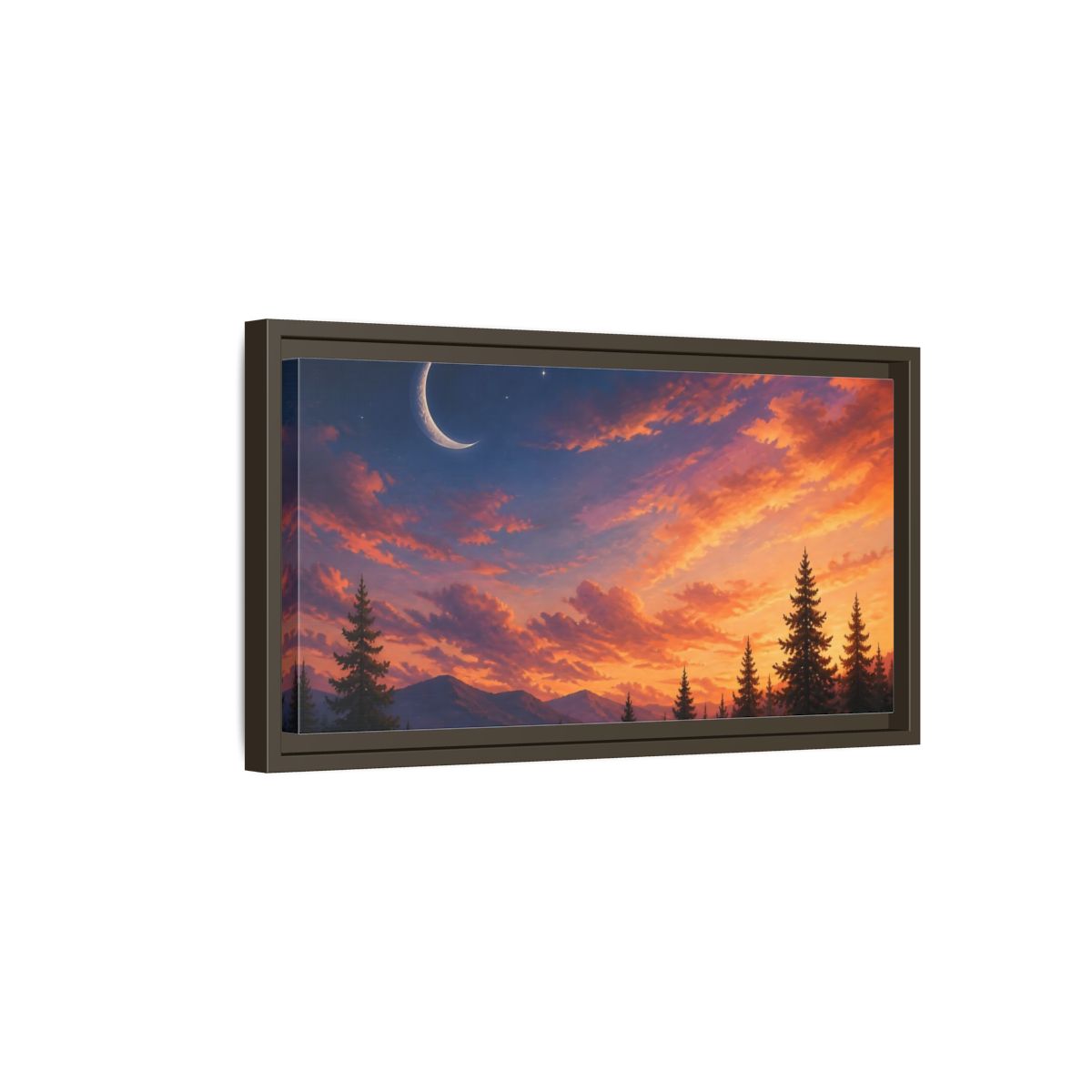 Side Mockup 7. Crescent Moon At Sunset shown as framed canvas print