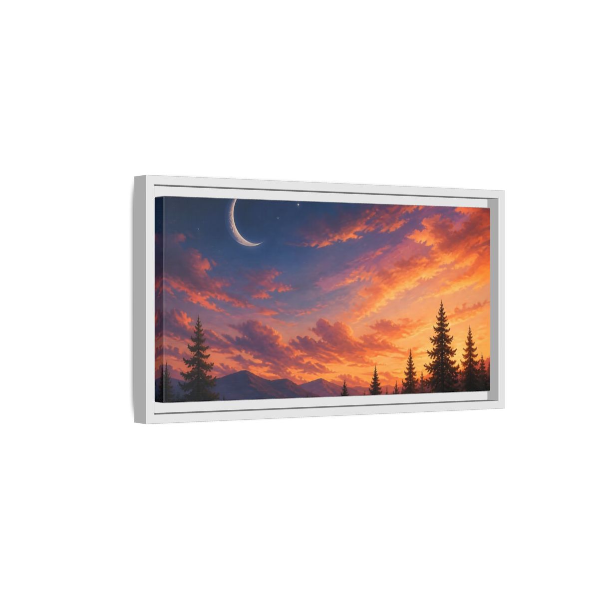 Side Mockup 6. Crescent Moon At Sunset shown as framed canvas print