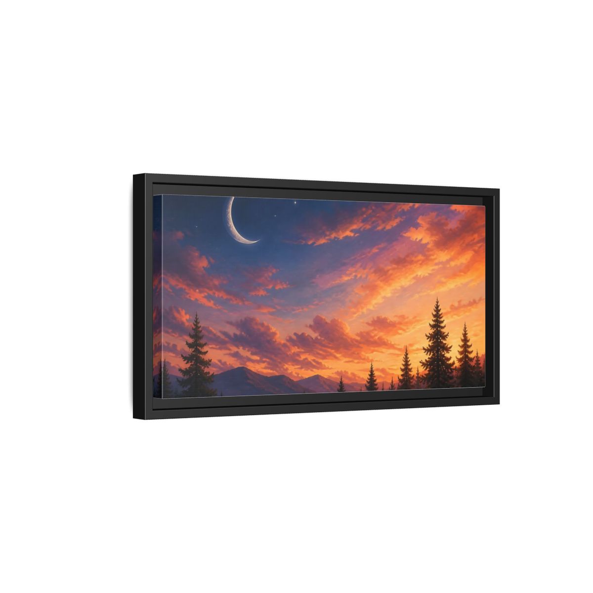 Side Mockup 8. Crescent Moon At Sunset shown as framed canvas print