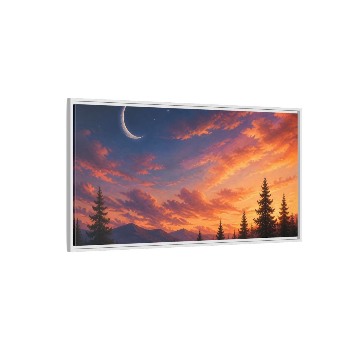 Side Mockup 3. Crescent Moon At Sunset shown as framed canvas print