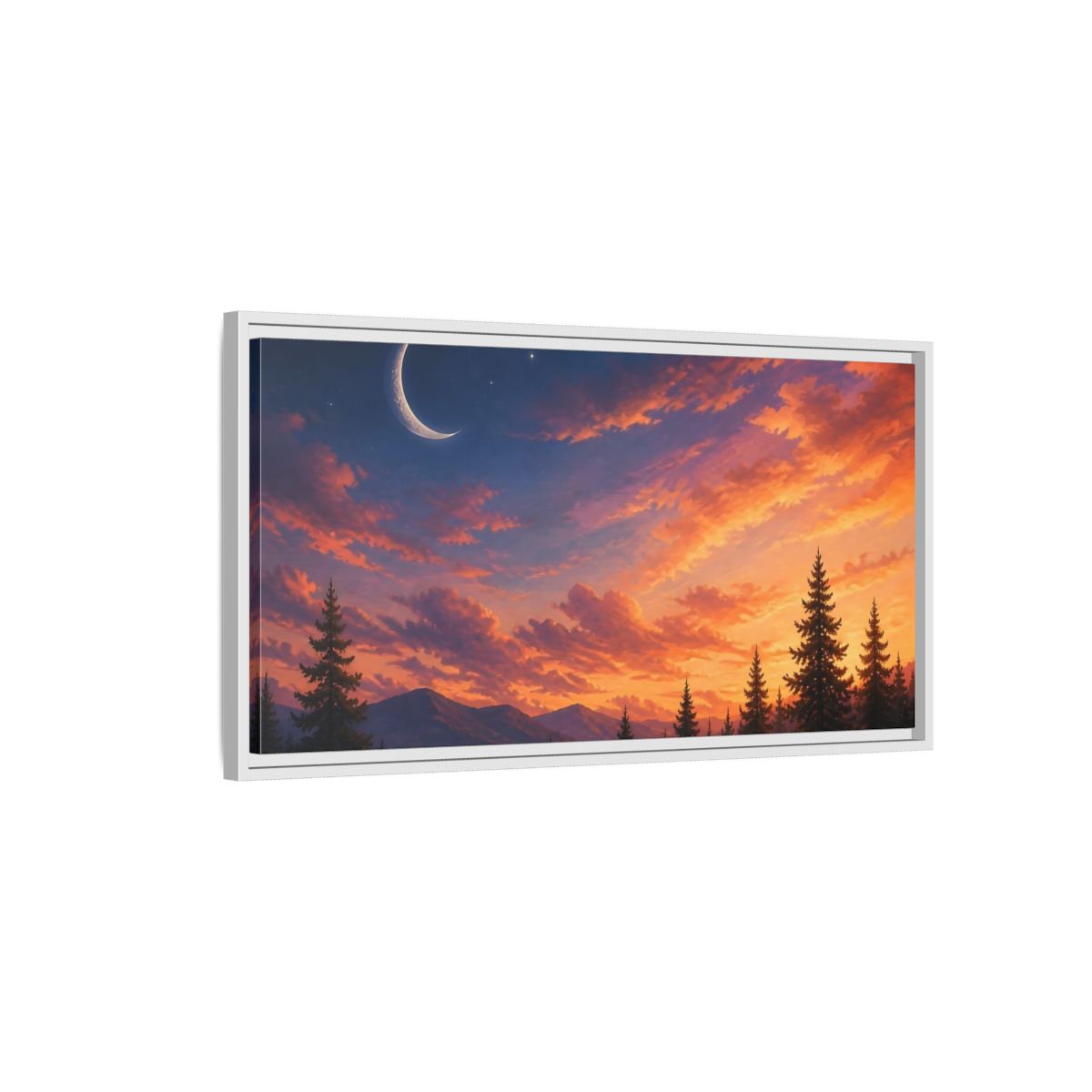 Side Mockup 1. Crescent Moon At Sunset shown as framed canvas print