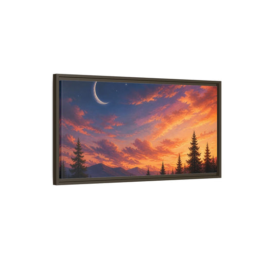 Main Mockup. Crescent Moon At Sunset shown as framed canvas print