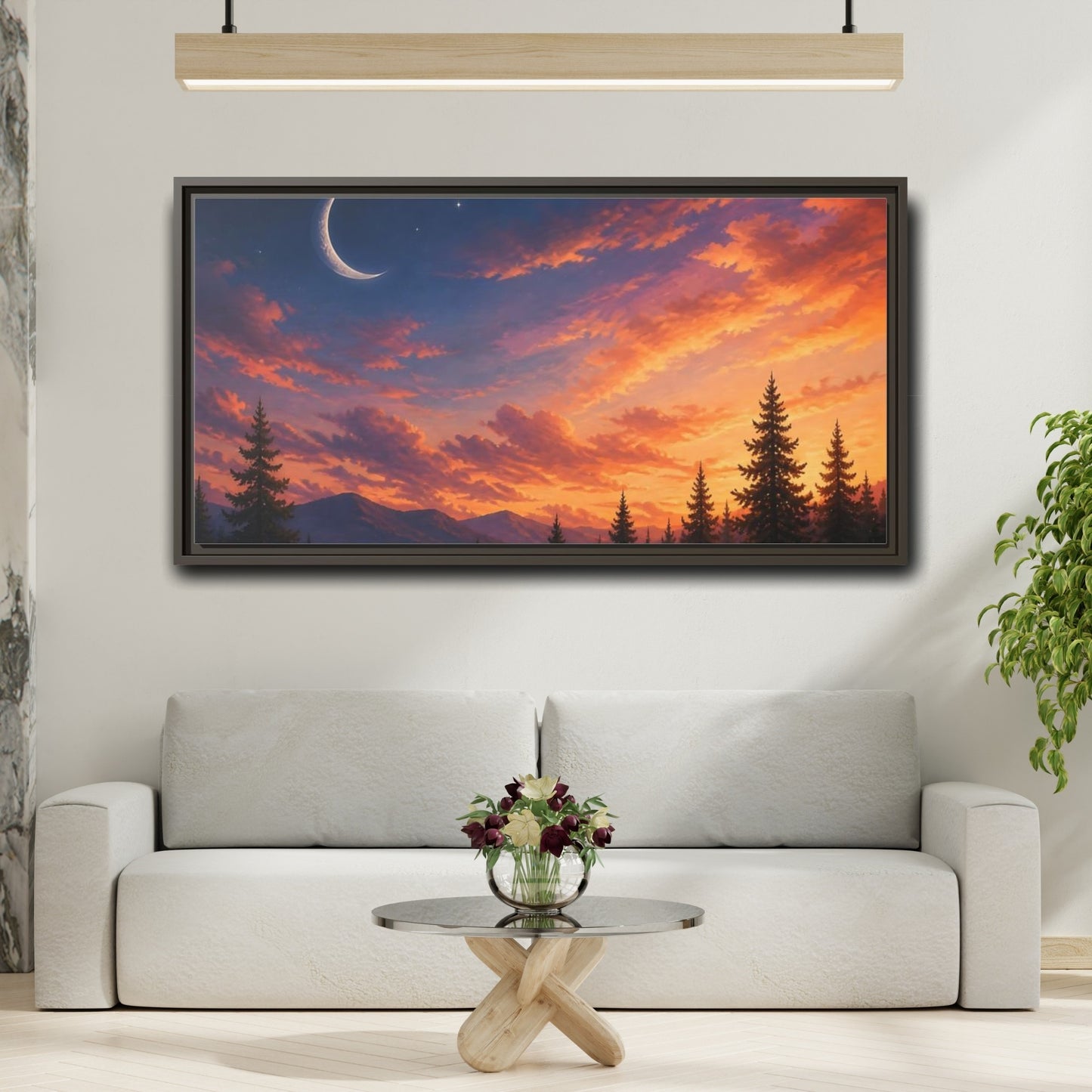Mockup 2. Crescent Moon At Sunset shown as framed canvas print