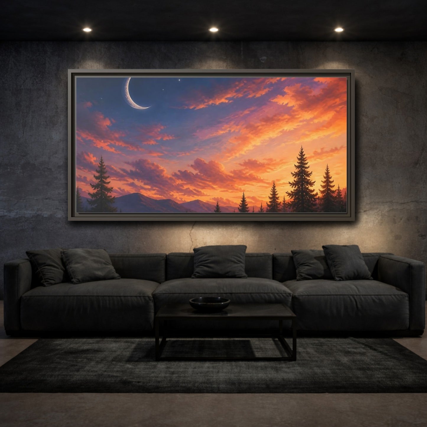 Mockup 3. Crescent Moon At Sunset shown as framed canvas print