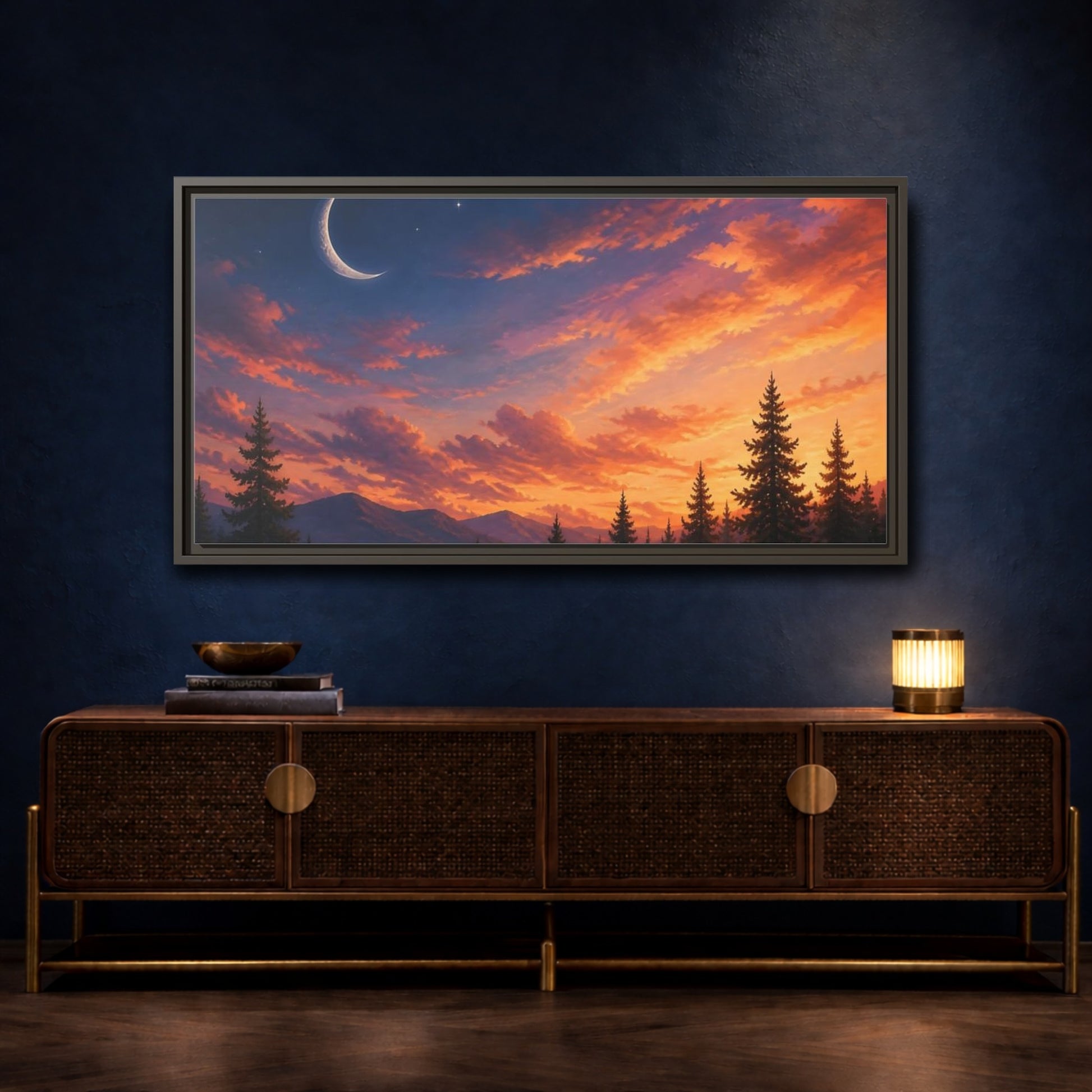 Mockup 4. Crescent Moon At Sunset shown as framed canvas print