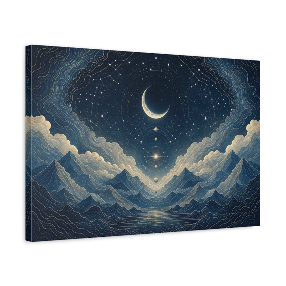 Side Mockup 3. Crescent Moon Star Map shown as canvas print
