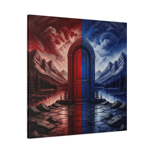 Main Mockup. Crimson And Cobalt Doorway shown as canvas print