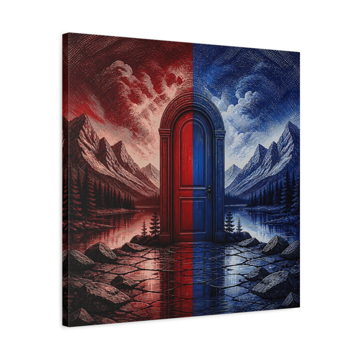 Side Mockup 4. Crimson And Cobalt Doorway shown as canvas print