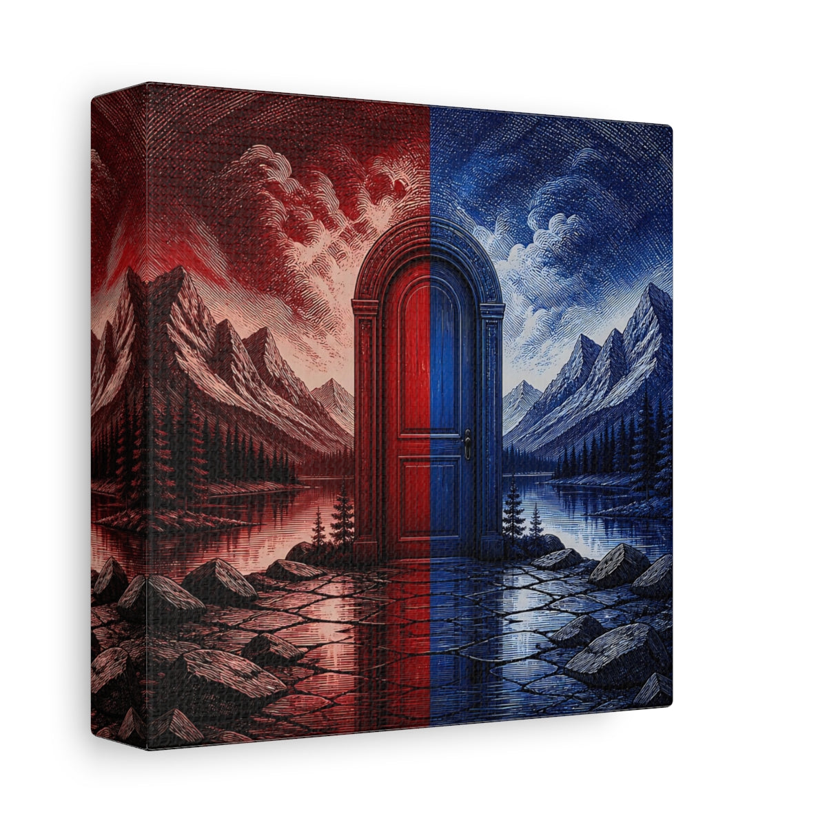 Side Mockup 2. Crimson And Cobalt Doorway shown as canvas print